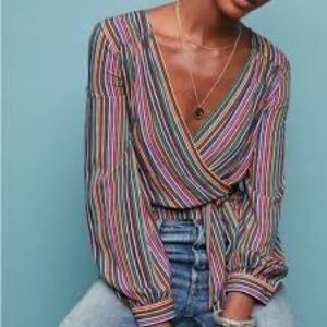 Anthropologie Maeve Lisa Multi Color Striped Wrap Top